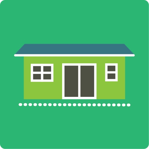 Relocate game card with vector illustration of a house on a dotted white line against a green background