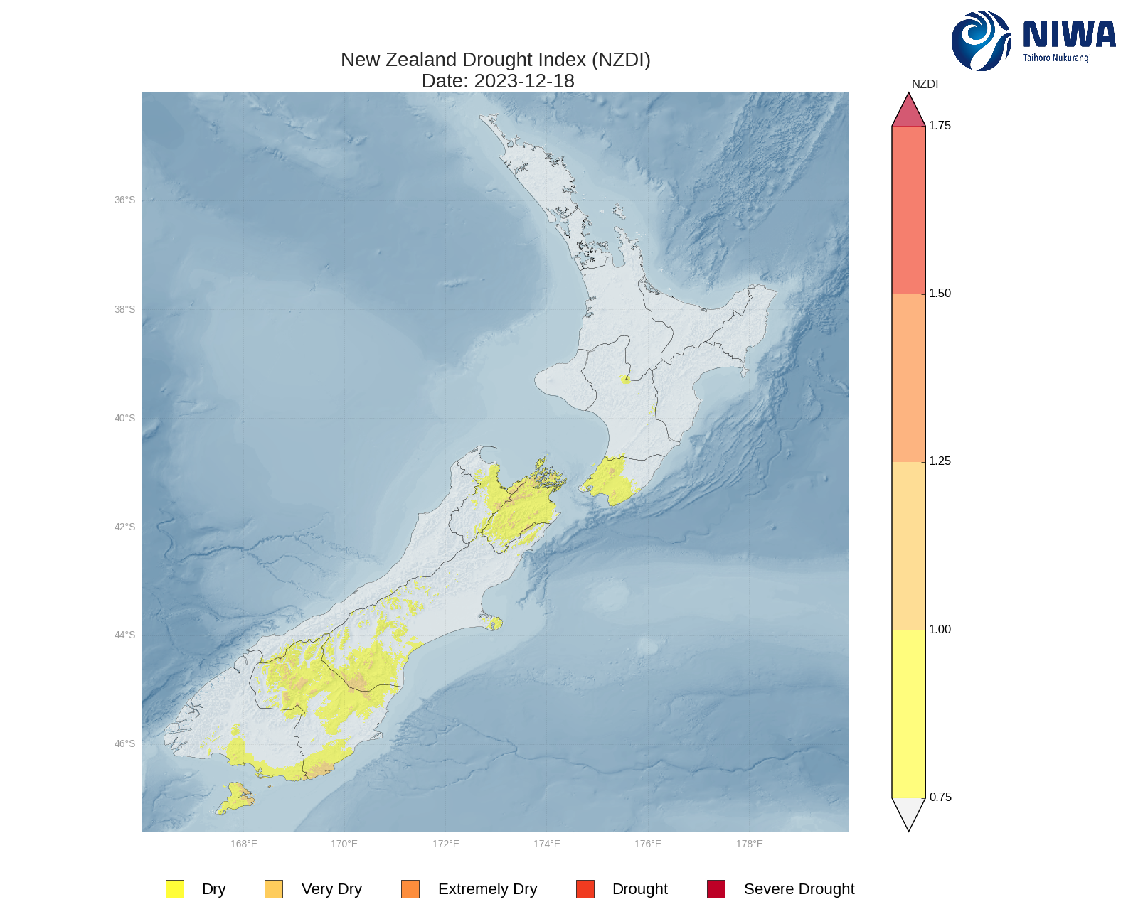 New Zealand Drought Index (NZDI) - 18 December 2023 [NIWA].