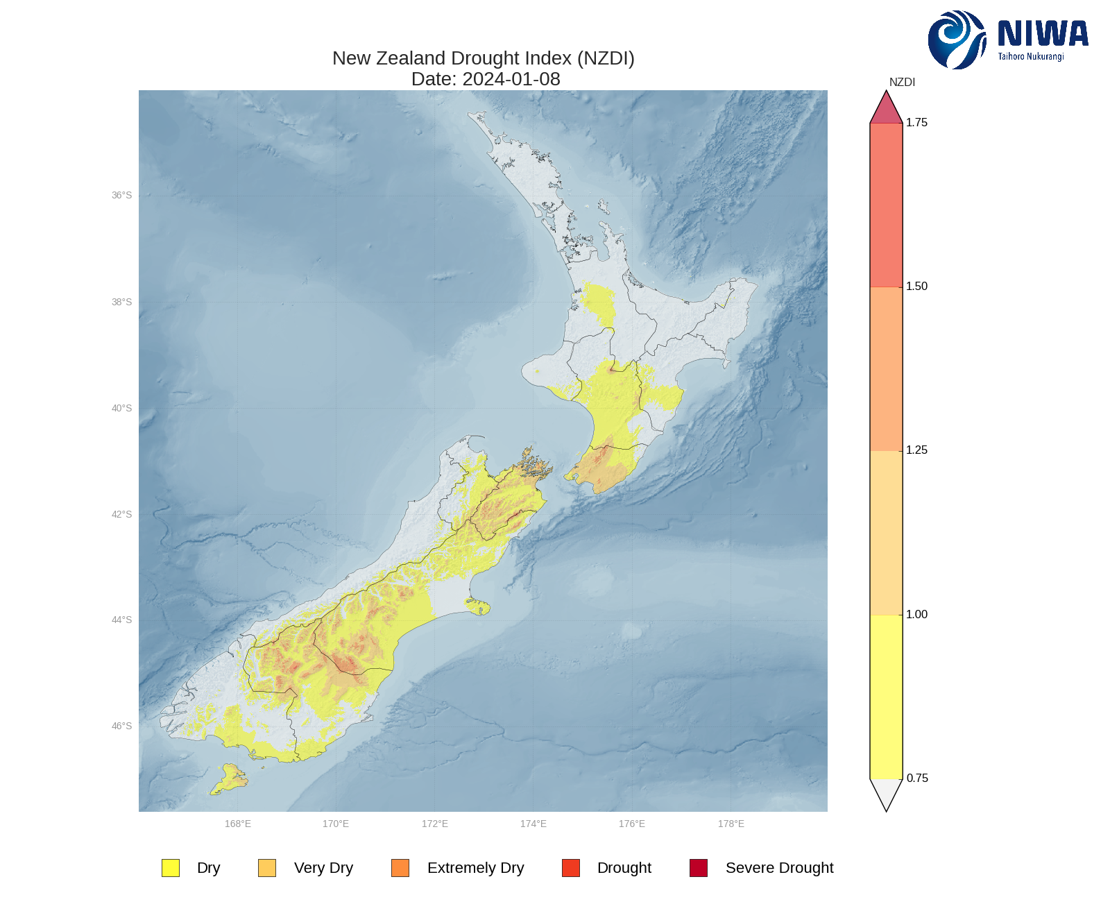New Zealand Drought Index (NZDI) - 8 January 2023. [NIWA]
