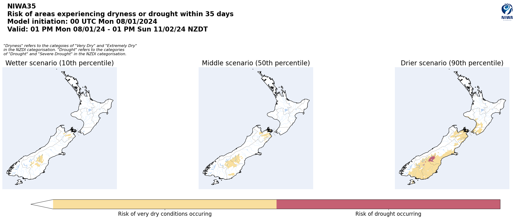 Risk of areas experiencing dryness or drought within 35 days from 8 January 2024. [NIWA]