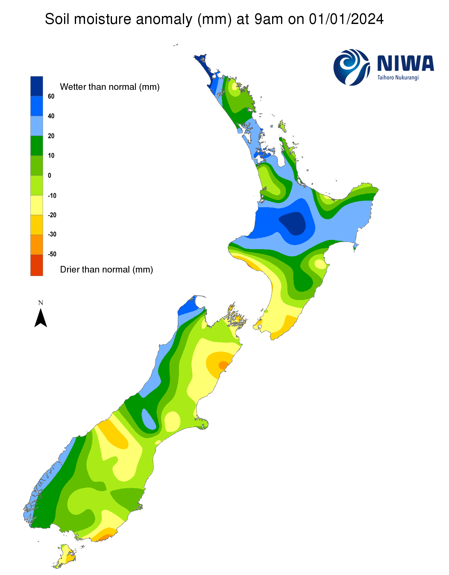 Soil moisture anomaly map (mm) at 9am on 1 January 2024. [NIWA]