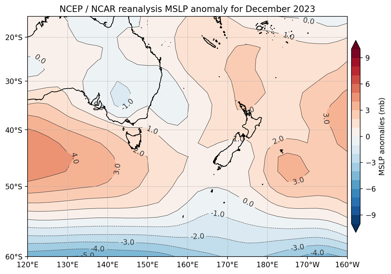 Mean Sea Level Pressure (MSLP) anomaly map for December 2023 [NIWA].