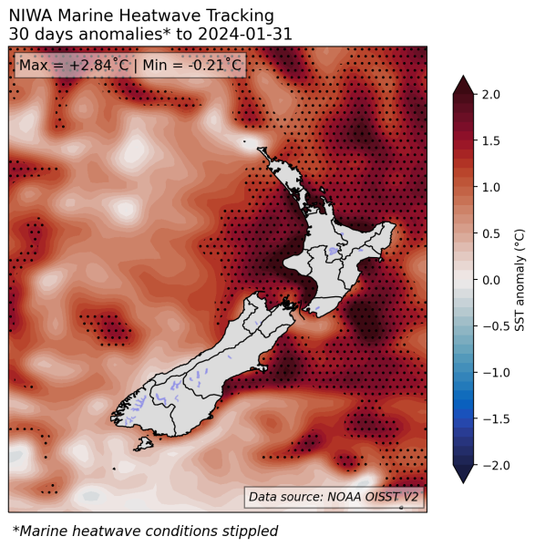 30-day SST anomalies and marine heatwave conditions (stippled), calculated with respect to the 1991-2020 climatological period.