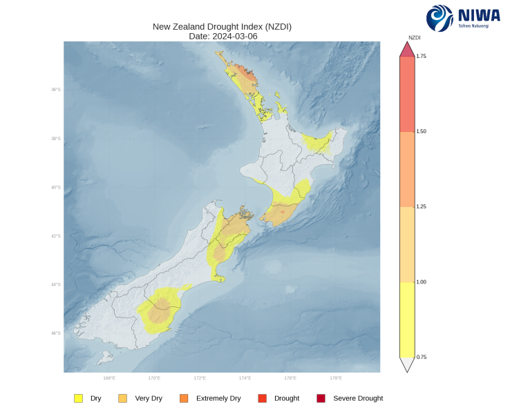 Map of New Zealand Drought Index for 6 March 2024