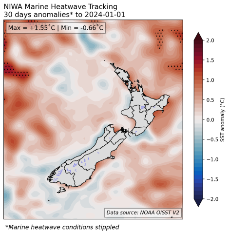 30-day SST anomalies and marine heatwave conditions