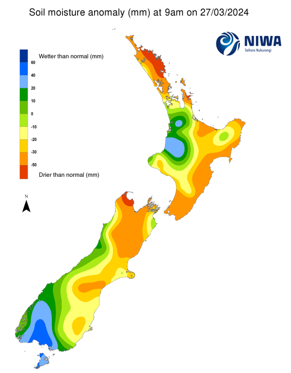 Soil moisture anomaly map (mm) at 9am on 27 March 2024