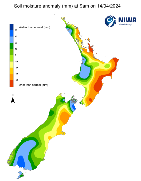 Soil moisture anomaly map (mm) at 9am on 15 April 2024