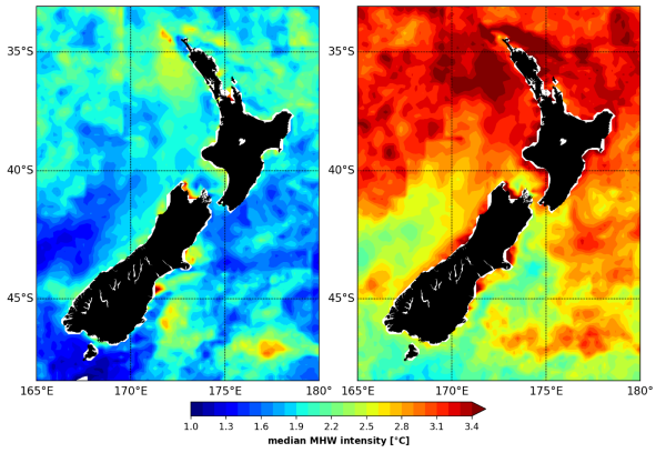 Marine heatwave conditions: left – today, right – 2100 (NIWA, Deep South Challenge) 