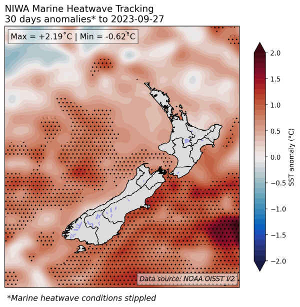 Marine heatwave tracking map for 27 September 2023
