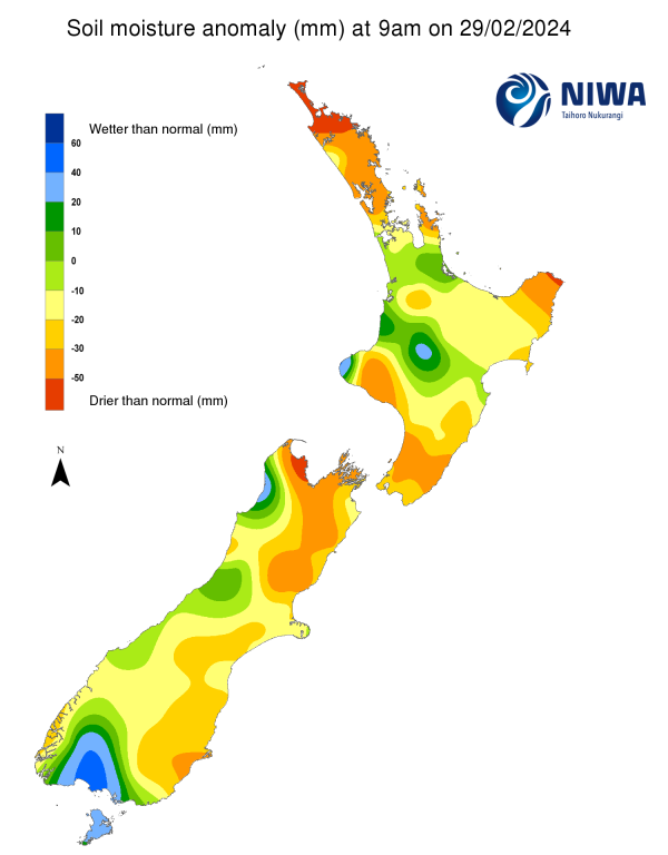 Soil moisture anomaly map for New Zealand at 9am on 29 February 2024