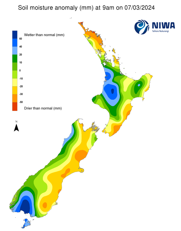 Soil moisture anomaly map (mm) at 9am on 7 March 2024. [NIWA]