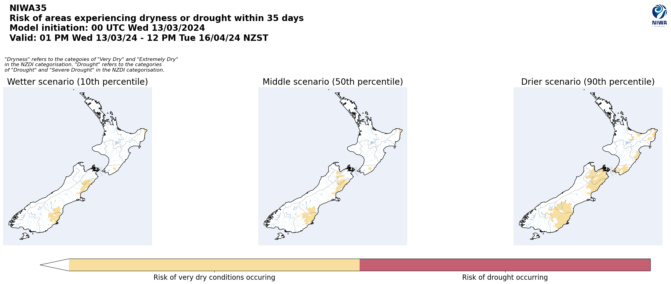 Risk of areas experiencing dryness or drought within 35 days from 13 March 2024