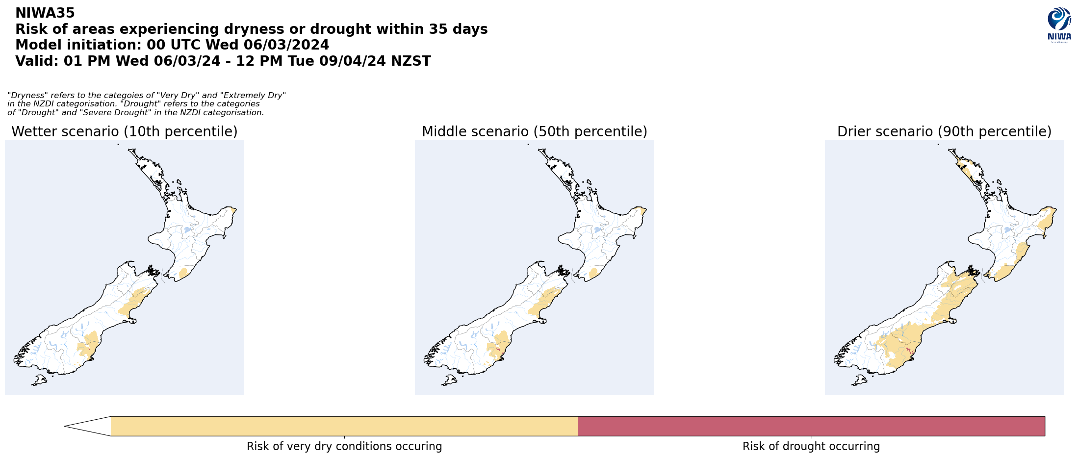Risk of areas experiencing dryness or drought within 35 days from 6 March 2024